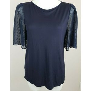 Ann Taylor Loft Navy Blue Top Shirt Keyhole Back Sheer Sleeves S NWT